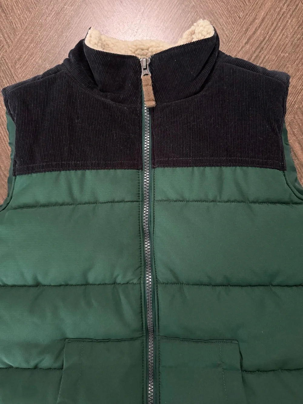 Carter's Dark Green Puffer Vest with Navy Blue Corduroy Yoke